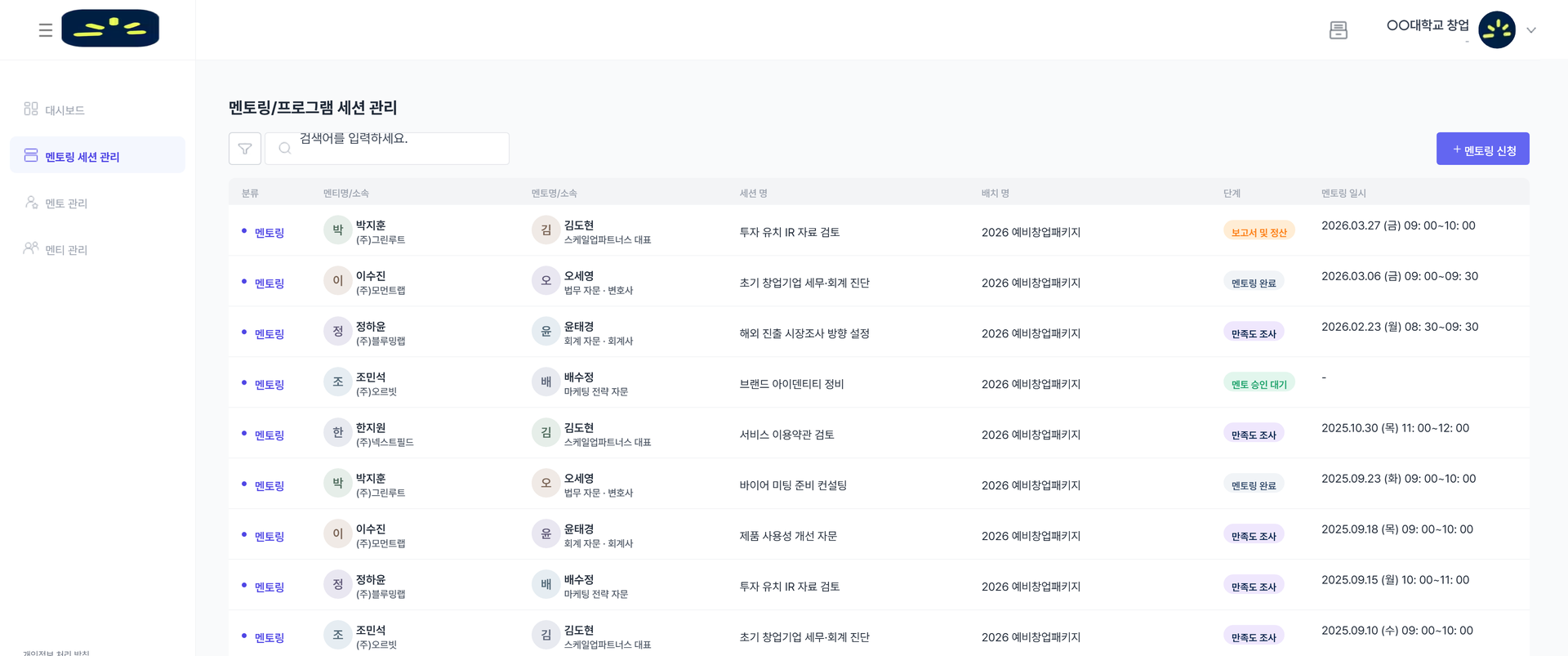 기관 계정으로 접속한 멘토링 세션 목록. 접속한 기관명과 각 세션의 배치, 진행 단계, 일시가 표시돼 있다.